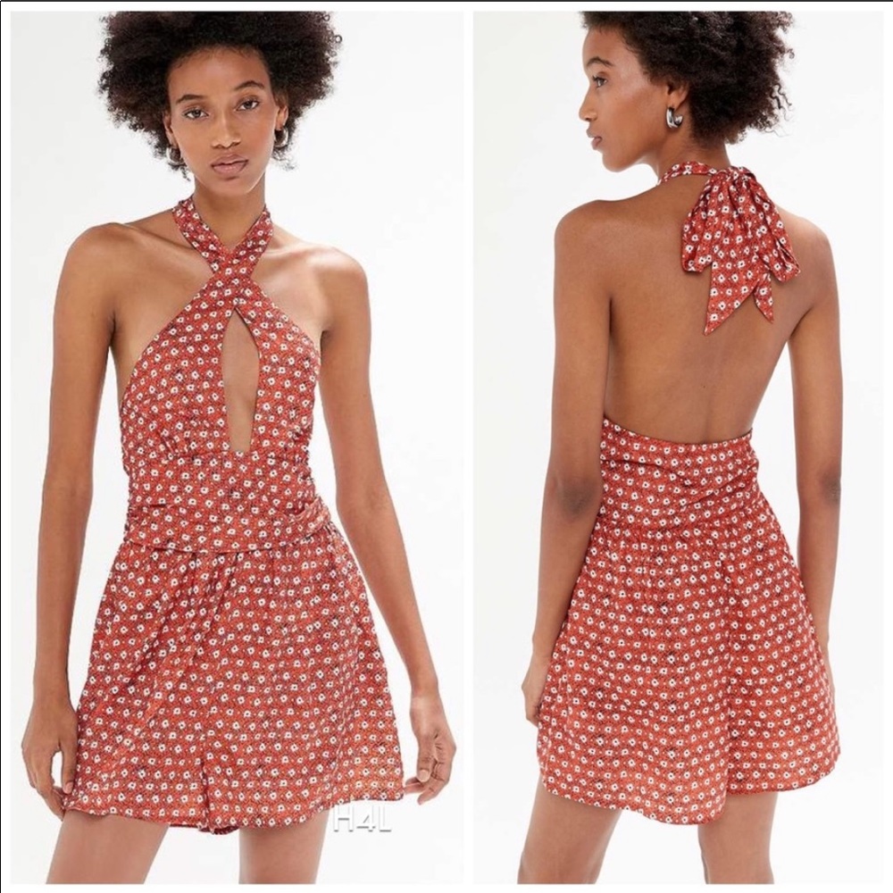Red floral halter tie romper